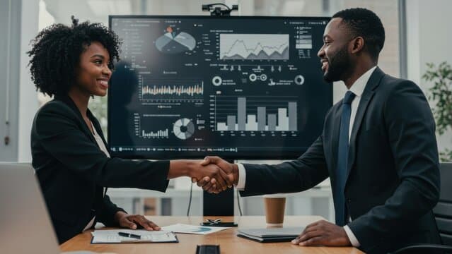 Black IT consultant shook hands with enterprise client over a new vendor contract