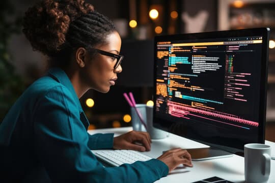 Black web developer designing a corporate website interface on a laptop in a Lagos studio